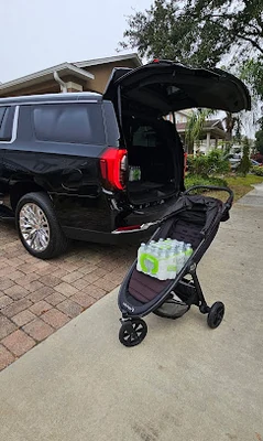 A complimentary case of water provided with a stroller rental by Majestic